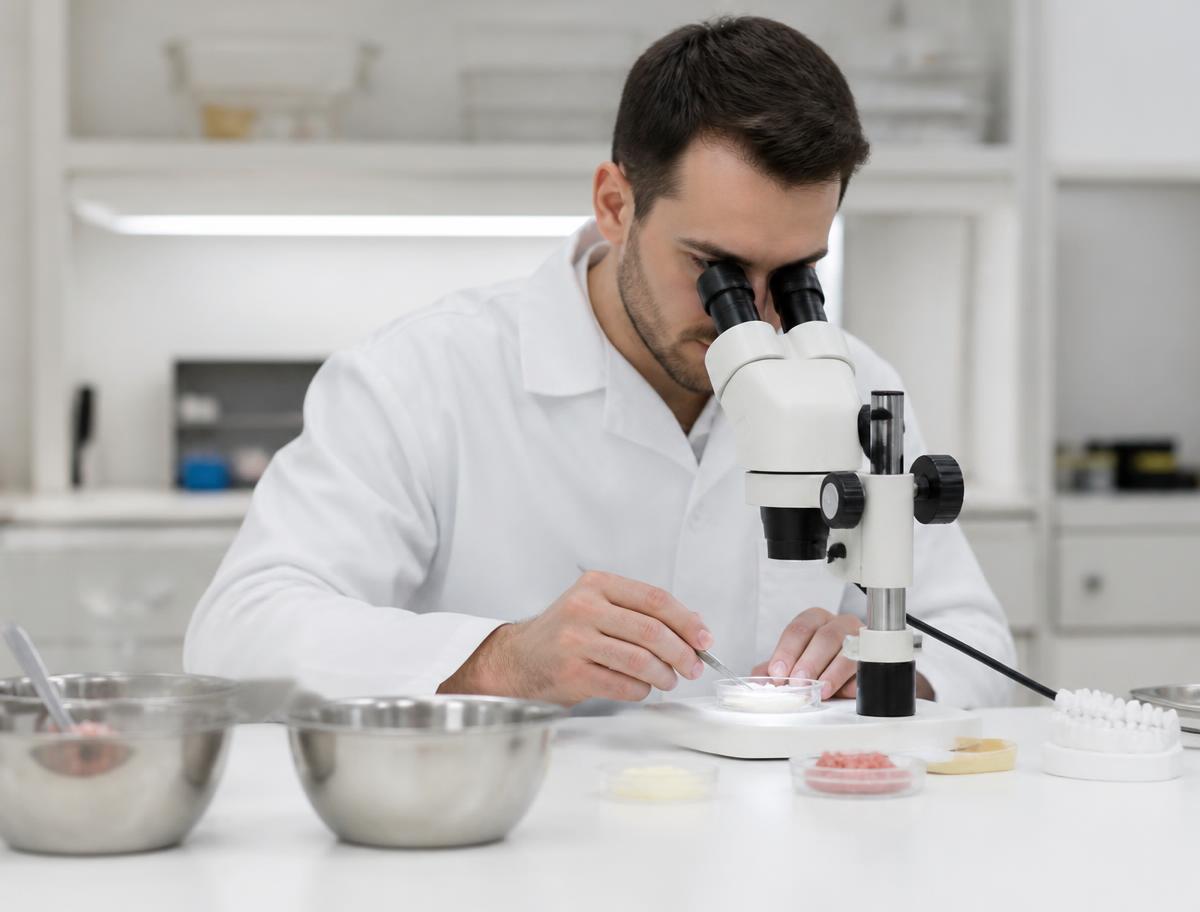 Profissional avaliando materiais técnicos em laboratório